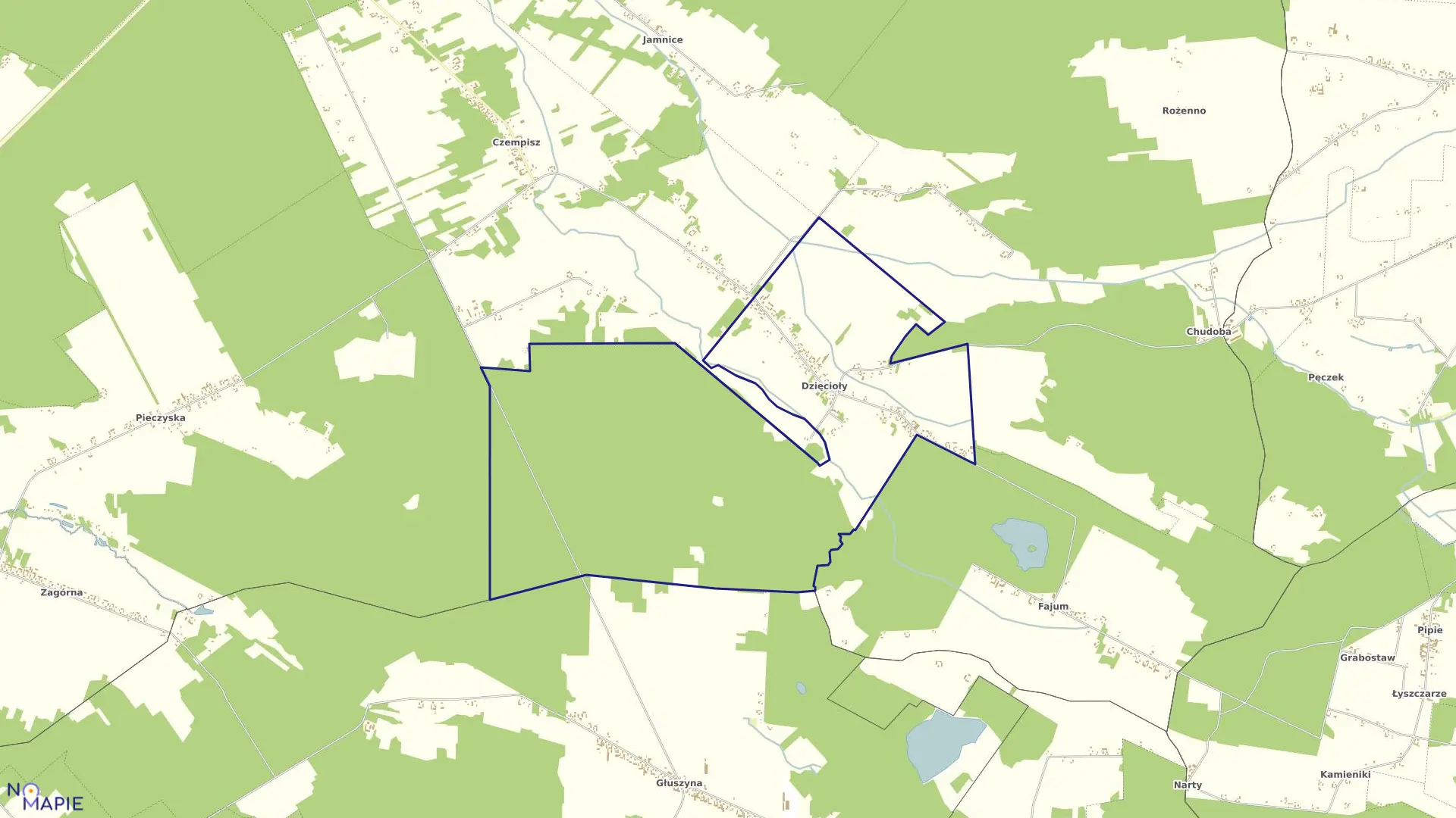 Mapa obrębu DZIĘCIOŁY w gminie Brzeziny