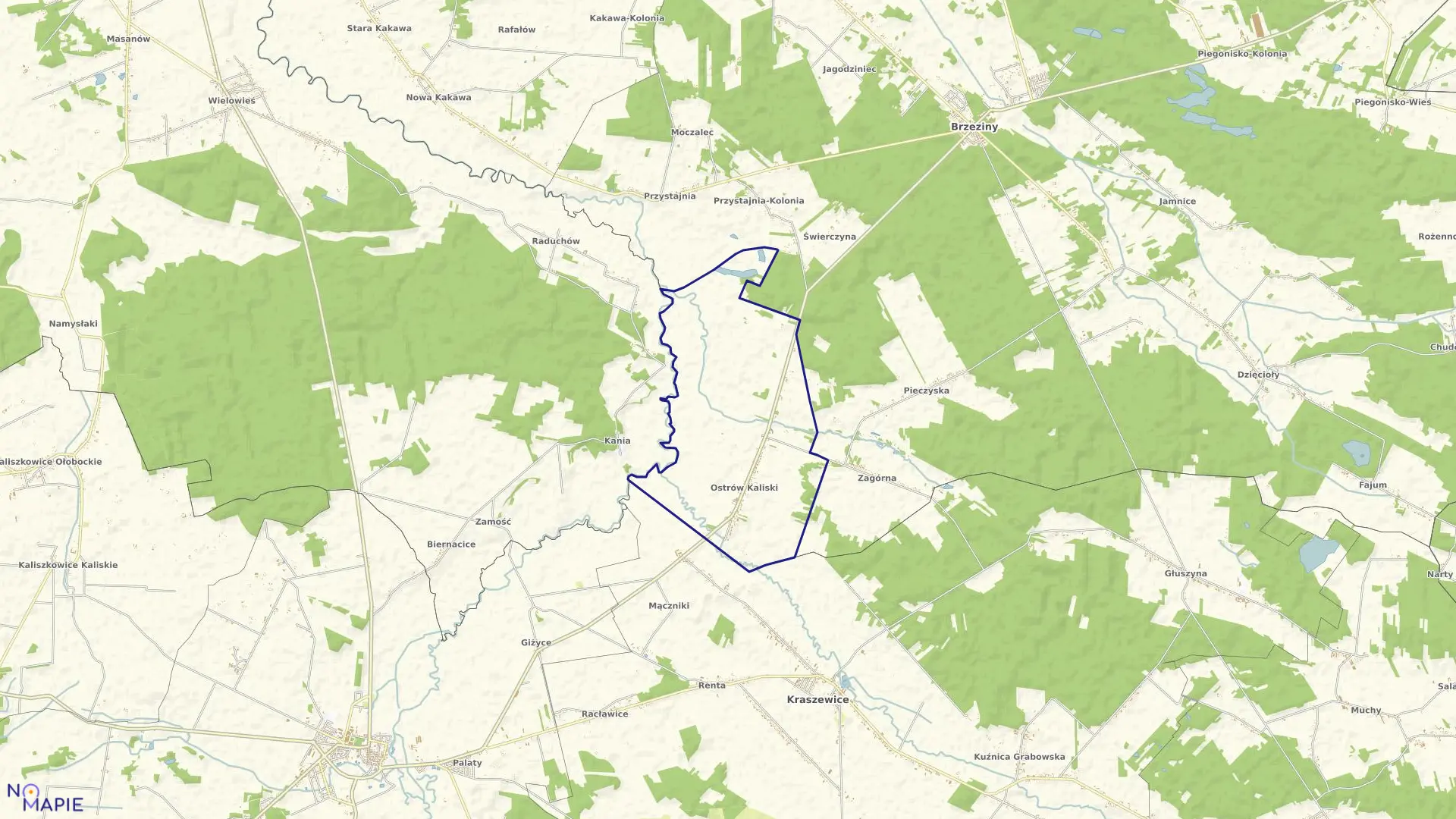 Mapa obrębu OSTRÓW KALISKI w gminie Brzeziny