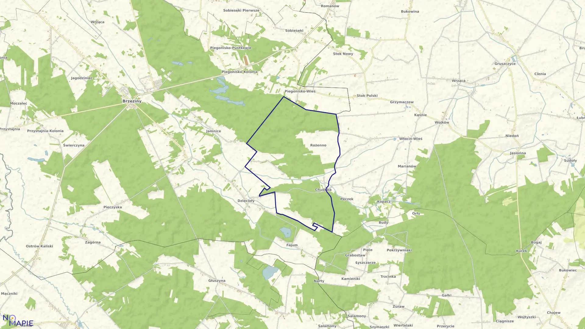 Mapa obrębu ROŻENNO w gminie Brzeziny